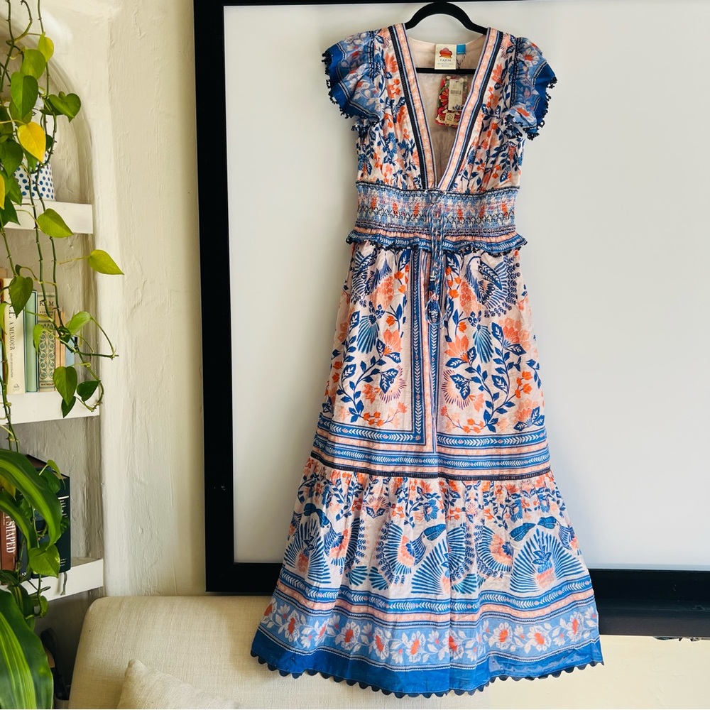 FARM Rio x Anthropologie V-Neck Maxi Dress Size Small NWT Blue Orange Bird Print - Picture 13 of 13